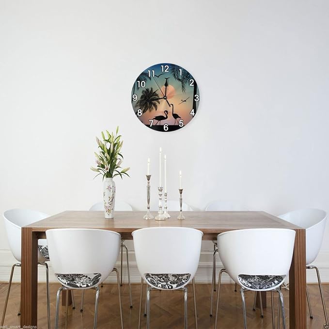 Flamingos Walking On The Sea Beach Wall Clock Battery Operated Silent Non Ticking Round Clock Wall Decor for Home Kitchen Living Room 9.8 Inch