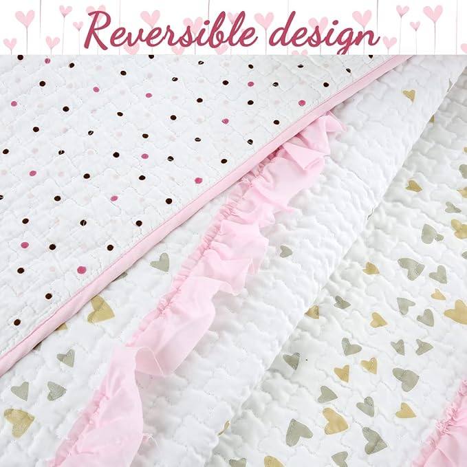 Cozy Line Home Fashions Pink Ruffle Gold Hearts Girl 100% Cotton Reversible All-Season Coverlet, Bedspread, Quilt Bedding Set (Sparkling Hearts, Twin - 4 Piece: 1 Quilt + 1 Sham + 2 Decor Pillows)