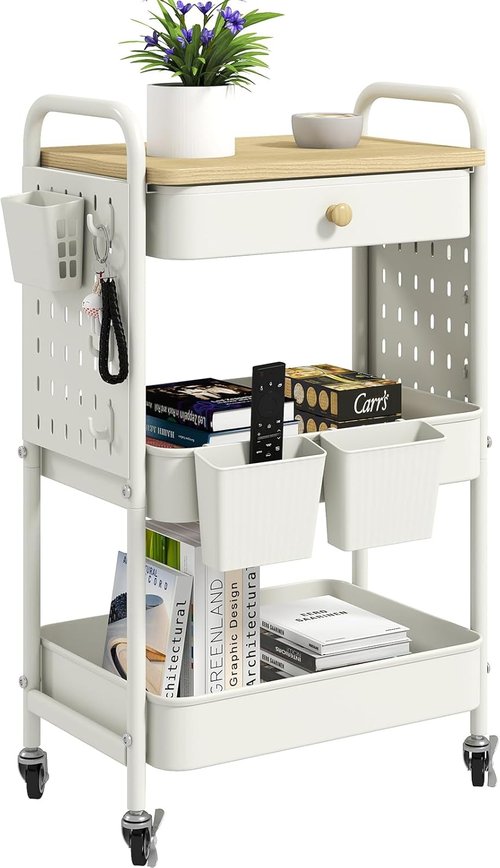 Danpinera Rolling Utility Cart - 3-Tier Craft & Snack Cart with Wheels, Drawer, Hooks & Wooden Top - White