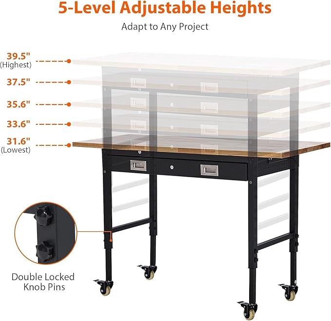 TrailBlaze 60"x 22" Workbench with Drawer Storage, Heavy Duty Workstation with Backplate & Light Strip, Multipurpose Rubber Wood Shop Table with Power Outlets, Hooks -2000LBS Load Capacity