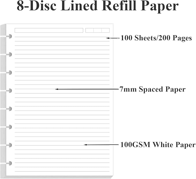 Junior Size Lined Refill Paper - A5 Note-Taking System 8 Disc Discbound Refill Pages, 100Sheets / 200Pages Loose-Leaf Paper, 100gsm, White, 5.8" x 8.3"