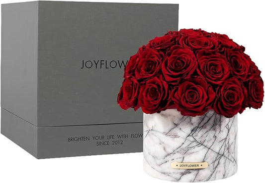 JoyFlower Preserved Flowers Vase Marble, Roses Marble Vases for Centerpieces, Bordeaux Red Eternal Flower Decorations for Party Home Living Room Bedroom Coffee Table, Decorative Flower Vase