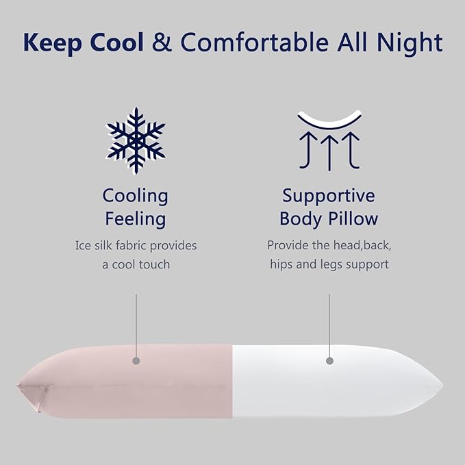 DOWNCOOL Large Body Pillow Insert with Cooling Cover - Soft Long Bed Pillow for Summer - Breathable Full Body Pillow for Adults - 20x54 inch (Pink, with Cover)