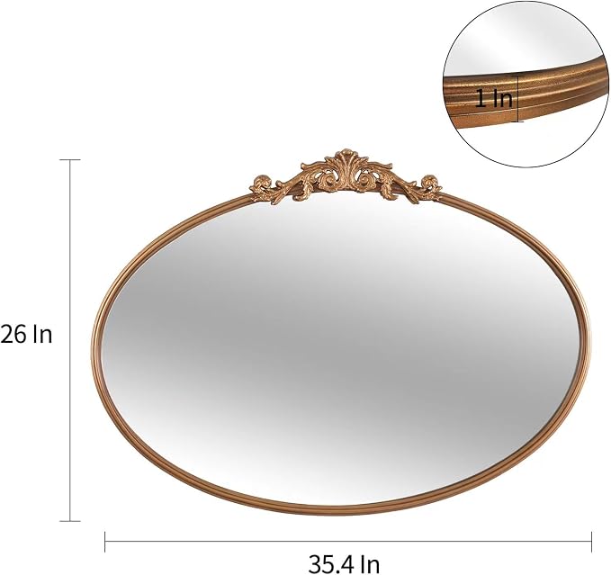 OUSHUAI Gold Oval Mirror for Wall,Baroque Fireplace Decor,Brass Wall Mirror,Victorian Vintage with Full Matel Frame,Ornate Entryway/Bathroom/Living Room/Hallway 36''X24'' (XD-004ZM)