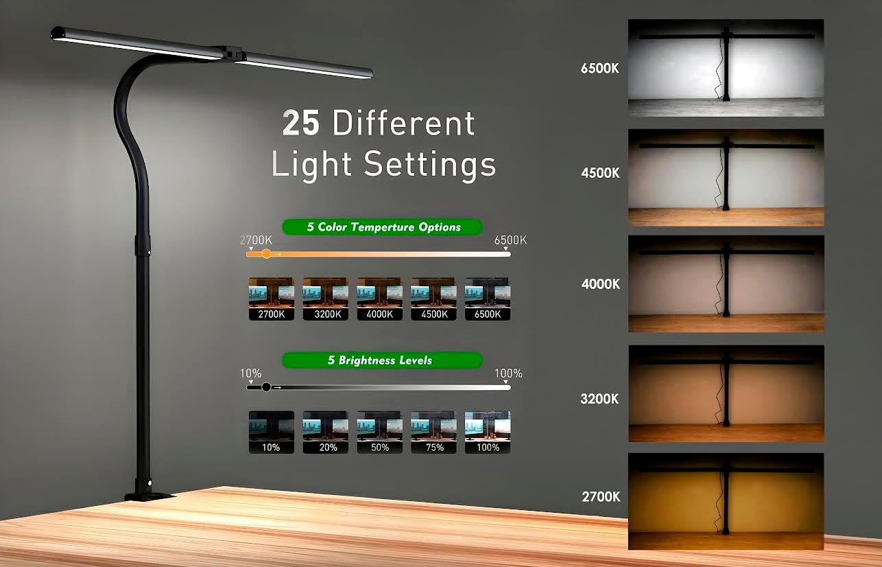 Skiennix LED Desk Lamp - Dimmable Clip-On Light with Gooseneck Design for Home Office & Reading - Black