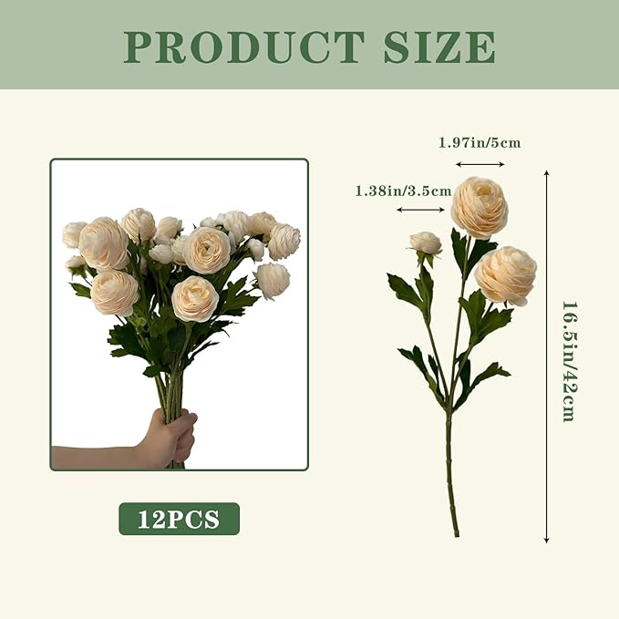 12Pcs Artificial Ranunculus Flowers – 36 Head 16.5" Silk Ranunculus Flowers Bouquets for Home Decor, Wedding Bridal Shower Centerpieces, and DIY Floral Arrangements (Champagne)