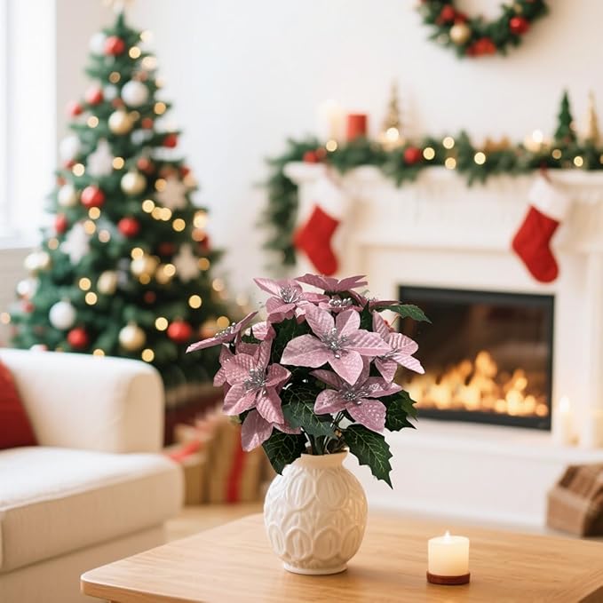 8 Pack 5 Heads Christmas Artificial Poinsettia Flowers Faux Poinsettia Bush Bouquets Silk Poinsettia Christmas Tree Ornaments Poinsettia Flower Arrangement for Home Decor