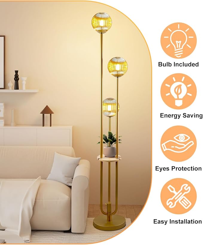 Globe Glass Floor Lamp with Table, Gold Tall Standing Lamps Dimmable, 3000K Warmwhite Mid Century Modern Floor Lamp with 5Lbs Heavy Base for Living Room/Bedroom