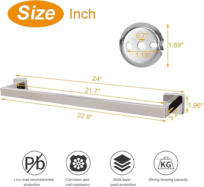 TocTen Bath Towel Rack - Square Base Thicken SUS304 Stainless Steel Towel Bar for Bathroom, Bathroom Accessories Towel Rod Heavy Duty Wall Mounted Towel Holder. (Chrome, 24)