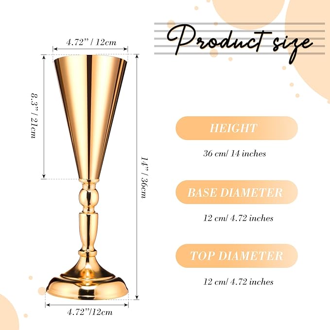 6 Pcs Flower Trumpet Gold Vase Tabletop Centerpiece Gold Tall Flower Vases Bulk Wedding Table Decorative Centerpiece Table Decorations Arrangements for Floral Party Anniversary Birthday(M)