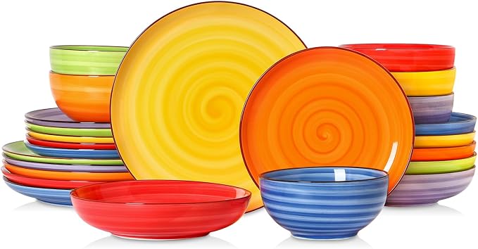 Selamica Ceramic Plates and Bowls Sets,24 Pieces Dinnerware Sets for 6,Scratch Resistant Dish Set for holiday gathering,Dishwasher & Microwave Safe, Dopamine