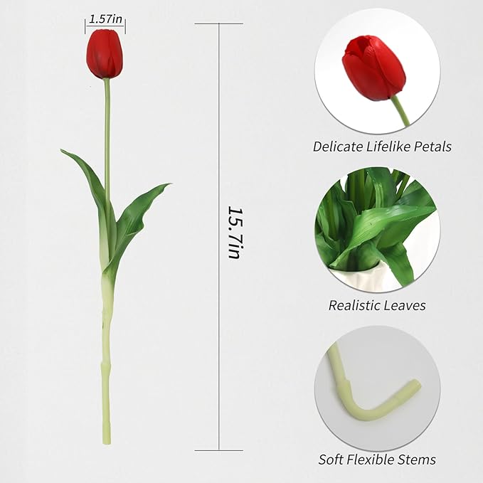 20 Artificial Tulips in Fluted Glass Vase, Waterproof Faux Flowers Bouquet for Wedding Home Office Decor, Table Centerpiece, Housewarming Birthday Gift Set (Red)