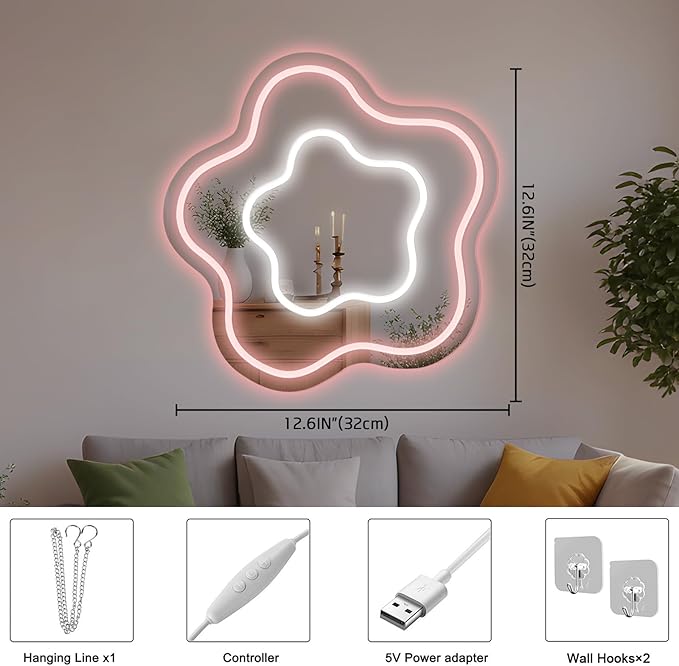 Flower Mirror Neon Sign Dimmable USB LED Neon Lights for Ideal Home Decor for Bedroom, Kidsroom, Living Room Parties, Christmas Birthdays Gifts for Girls Women, Boho Mirror Wall Sign Art Gift