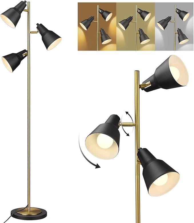 ELYONA Gold Tree Floor Lamp with 3 Adjustable Rotating Lights, Industrial Tall Pole Metal Standing Lights with 3 LED Bulbs for Living Room,Bedroom,Farmhouse,Office,Hotel, Vintage Brushed Brass & Black