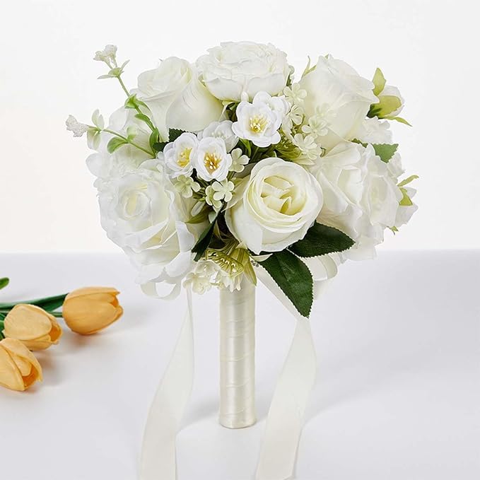 CYANLUX Wedding Bouquets for Bride Bridesmaid Bouquet Champagne White Artificial Roses Flowers for Wedding Valentine's Day Church Home Decoration… (White Rose)