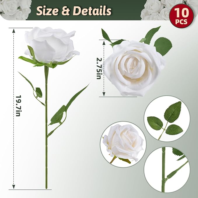 Roses Artificial Flowers 10 Pack in Bulk, White Fake Roses Flowers Realistic Roses for Wedding Home Party Decoration Event Gift