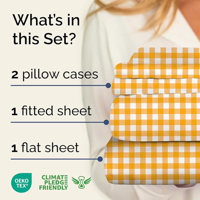 Yellow Gingham Sheets - 1 Flat & 1 Fitted Sheet & 2 Pillowcases w/ Deep Pockets - Grid, Plaid, Checkered Pattern Bed Set - Comfy, Wrinkle & Fade Resistant - Ultra-Soft, Breathable & Cooling -King Size