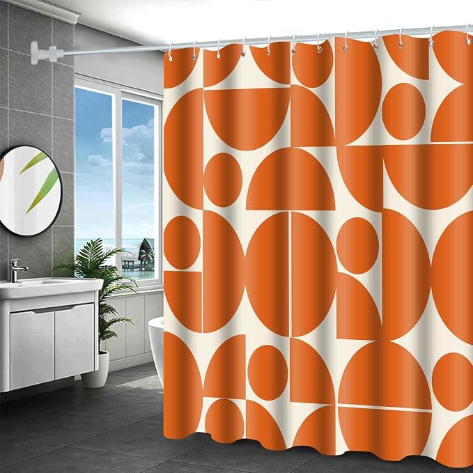 Vintage Orange Mid Century Modern Shower Curtain Boho Abstract Geometric Art Shower Curtains for Bathroom Decor 72x84 Inch 70s 80s Retro Washable Fabric Bathroom Set with 12 Hooks