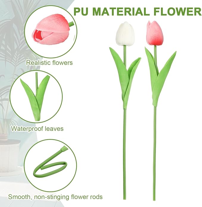 uxcell 20pcs Tulips Artificial Flowers, Faux Flowers Silk Fake Tulip Stems Real Touch for Wedding Bouquet Centerpiece Table Party Decoration(Pure White, Rose Pink)