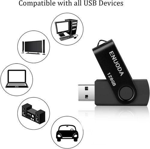 ENUODA 128GB Flash Drive - Swivel Design USB 2.0 Memory Stick for Laptop & PC (Black)