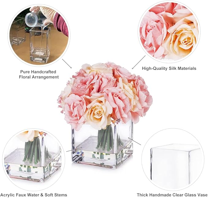 ENOVA FLORAL 18 Pieces Pink Rose Artificial Flowers in Vase, Floral Arrangements Artificial with Vase for Dining Table Decoration, Home Decor Indoor(Pink)
