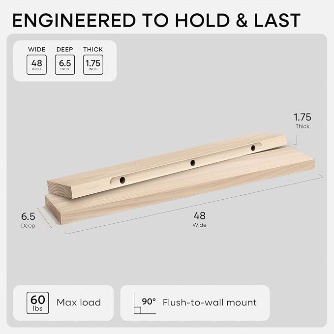 Homeforia Wood 48 inch Floating Shelf, High End Solid Natural Wood 48inch Floating Shelves for Wall Mounted, Unfinished Wooden Large Floating Shelves, Heavy Duty Bracket, 48 X 6.5 X 1.75 in, Set of 2