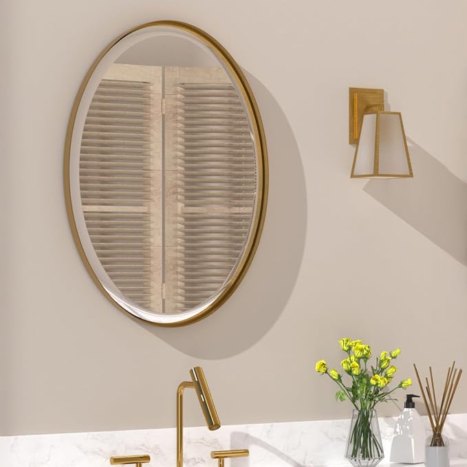 POZINO Oval Beveled Mirror, 20"x28" Brush Gold Vanity Mirror for Over Sink, Modern Brass Wall Mirrors for Bathroom Bedroom Living Room Hallway Entryway, Hangs Vertically or Horizontally