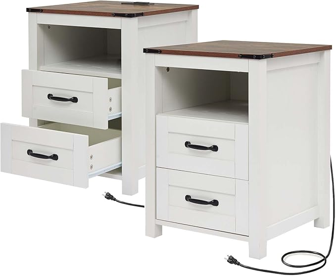 Farmhouse Night Stand Set of 2, Rustic White Nightstand for Bedroom, End Tables with Charging Station, Bedside Table with Drawers, Wood Bedside Cabinet Dresser