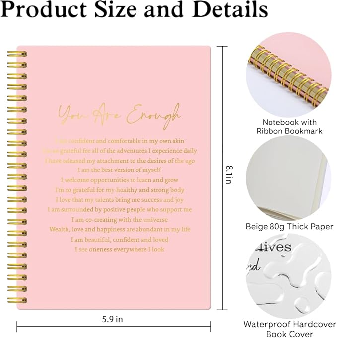 XQLZY Funny Enough Definition Pink Spiral Notebook - 160 Blank Pages Inspirational Journal, Daily Affirmation Gifts for Daughter Sister BFF Coworker, Positive Gifts for Mom