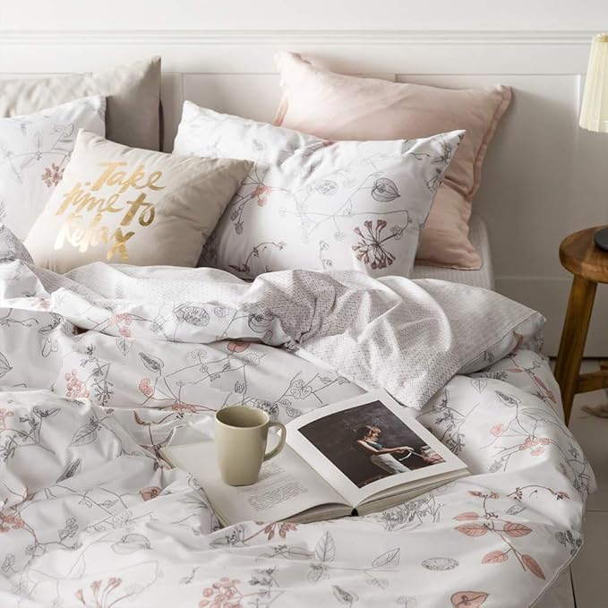 EAVD Girls Floral Duvet Cover Twin Soft White Cotton Tree Branches Floral Bedding Set with 2 Pillowcases Fresh Chic Garden Botanical Duvet Cover with Zipper Closure 4 Ties
