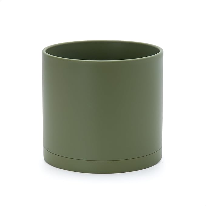 D'vine Dev 8 Inch Plastic Planter Pots for Plant Pot with Drainage Hole and Seamless Saucers, Olive, 74-X-I-1