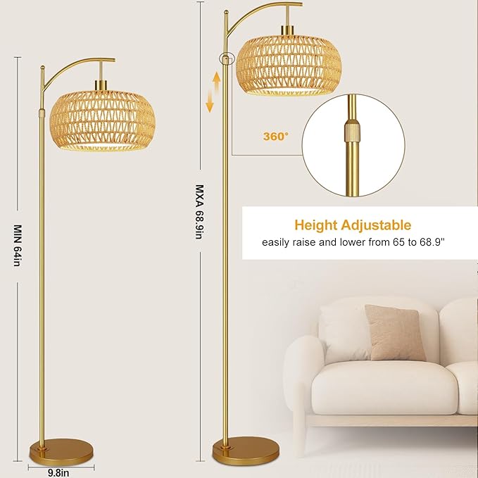 ZECOXOL Gold Floor Lamps for Living Room Rattan Boho Floor Lamp with Remote Control & 3 Color Temperature,Dimmable Arc Floor Lamps Brass Standing Lamp Tall Floor Lamp for Bedroom Living Room Corner