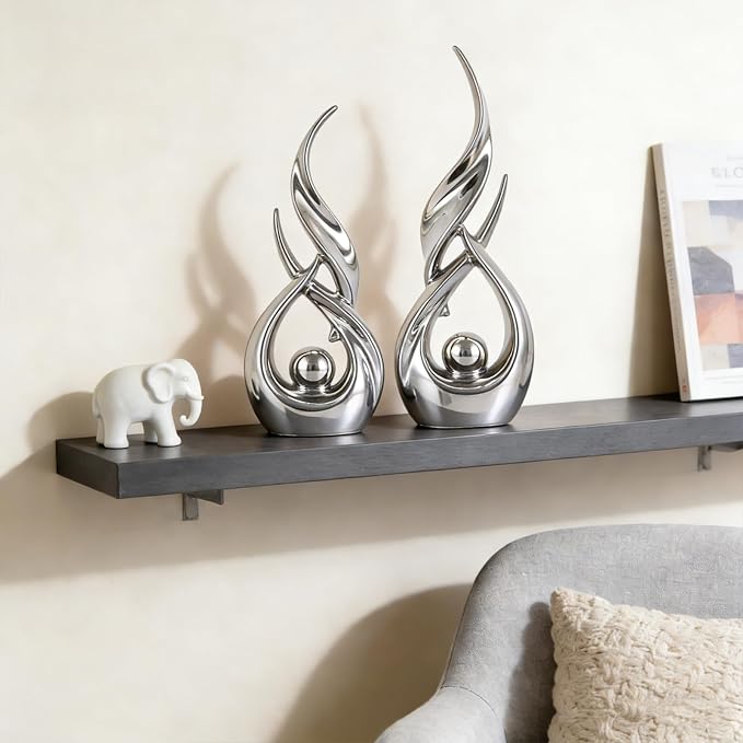 2 PCS Silver Ceramic Statues For Home Decor Accents, Modern Abstract Art Sculptures, Elegant Tabletop Decorative Objects For Dining Room, Entryway, Tv Stand, Mantel, Coffee Table Centerpieces