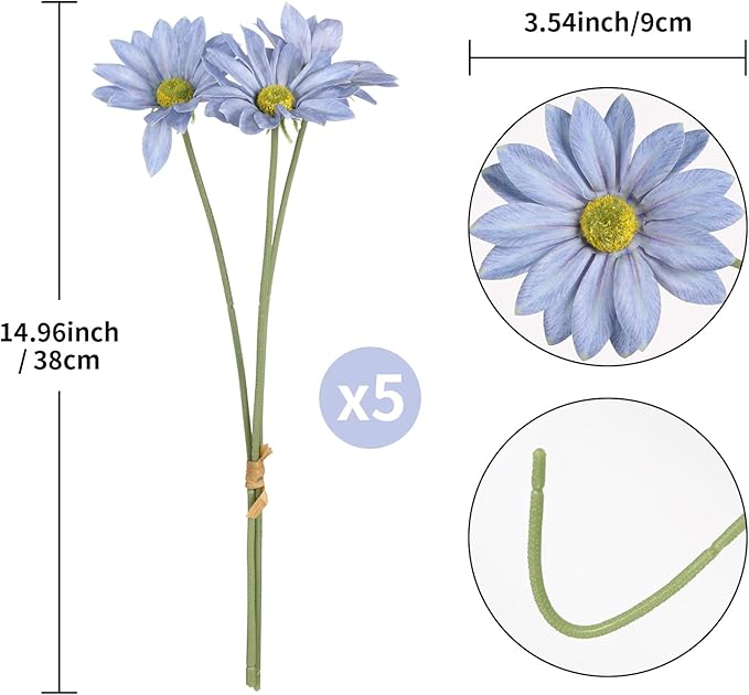 IPOPU 15pcs Daisies Artificial Flowers Faux Blue Daisies Flowers 12" Fake Wildflowers Flower Silk Flowers for Floral Arrangements Wedding Home Garden Decor (Blue)