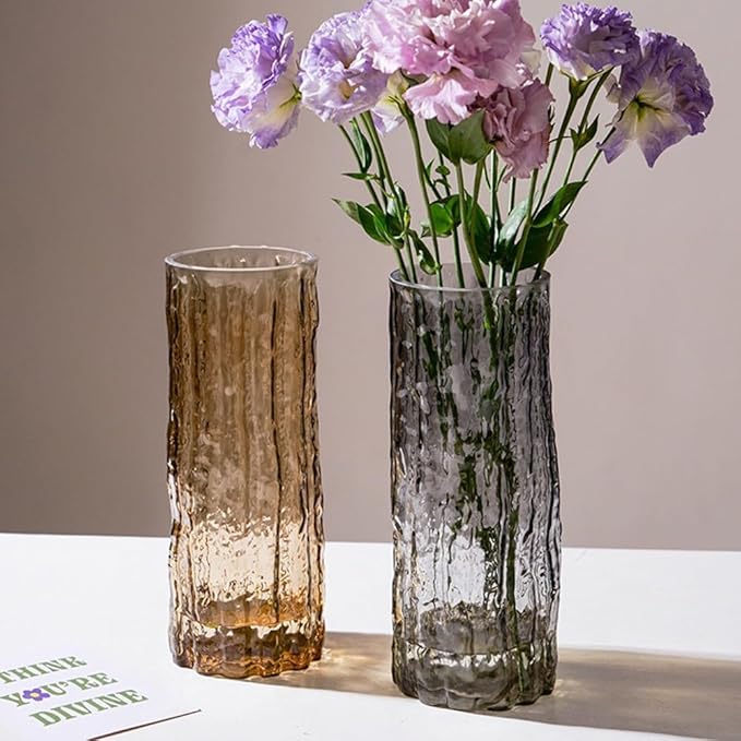 Clear Glass Vase Cylinder 7" Ribbed Thickened Flower Vase Crystal Vase for Modern Centerpieces Home Decor Living Room Bedroom Dining Table Office Wedding Decoration Gift (Grey)