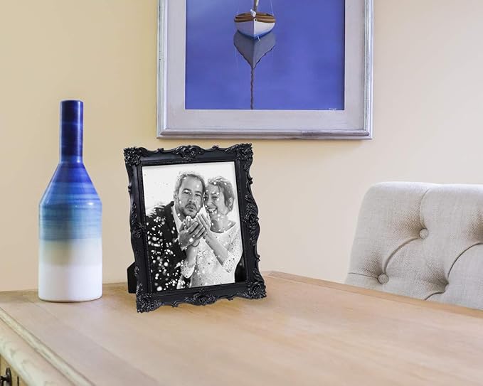 Laura Ashley 8x10 Black Ornate Textured Hand-Crafted Resin Picture Frame with Easel & Hook for Tabletop & Wall Display, Decorative Floral Design Home Decor, Photo Gallery, Art, More (8x10, Black)