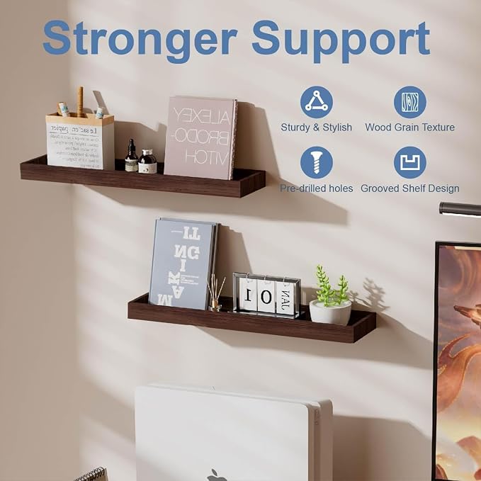 Floating Shelves for Wall, Wooden Wall Shelves for Bedroom Living Room Kitchen, Modern and Rustic Bathroom Shelves with Raised Lip, Decor Floating Shelf for Storage (Walnut-Like,2 Set,15.7 in)