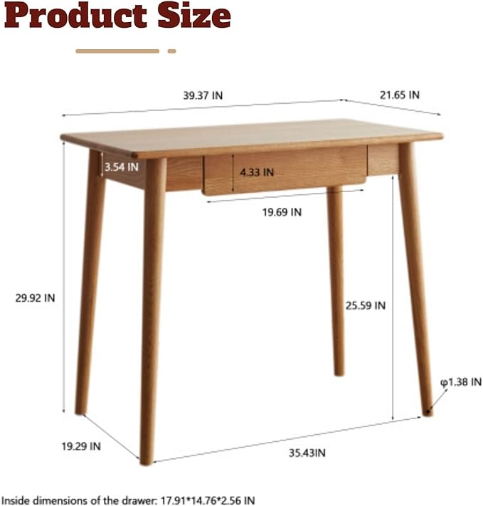 100% Solid Oak Wood Home Office Desk, Writing Computer Desk with Drawer for Home Office Sturdy Writing Workstation 39"