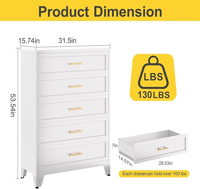 5 Drawers Tall White Dresser for Bedroom, 52.16" Metal Dressers & Chests of Drawers Curved Corner Design, Storage Organizer Drawer Chest with Large Capacity for Living Room, Hallway, Entryway