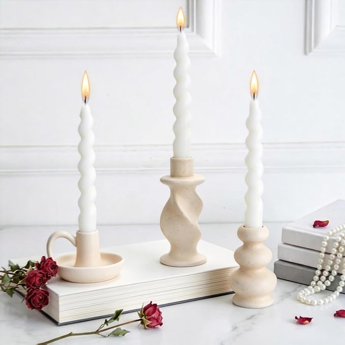 Ceramic Taper Candle Holders Set of 3, Cream White Candlestick Holder Nordic Modern Decorative Candle Stand for Home Decor, Dining Table Centerpiece, Housewarming Gift