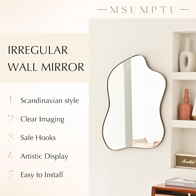 Irregular Wall Mirror Brass Wave Shaped Metal Framed Wall Mirror for Bathroom Bedroom Entryway Living Room Wall Decor 30.5" L x 23" W 2303G
