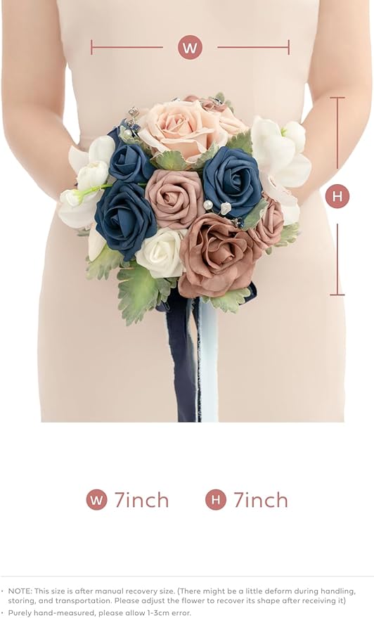 Ling's moment Artificial Flowers Dusty Rose & Blue Bridesmaid Bouquet, Wedding Flowers Bouquets for Bridesmaids, 7 Inch Bridal Bouquets for Bridesmaids, Wedding, Ceremony, Anniversary, etc