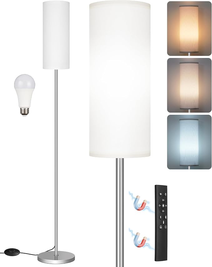 Dimmable Floor Lamps for Living Room with Remote and Foot Switch, 64.4” Modern Standing Tall Lamp, Corner Lamp for Bedroom, Office, Bulb Included, 3000K-6500K, White and Silver, FCC Listed SCW06LD05W1
