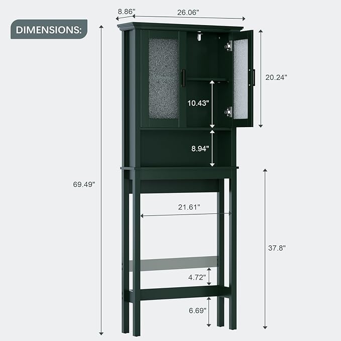 Over The Toilet Storage Cabinet, Over Toilet Storage with Glass Doors and Adjustable Shelf, Thicken Frame Above The Toilet Storage Cabinet Behind The Toilet Bathroom Organizer, Forest Green
