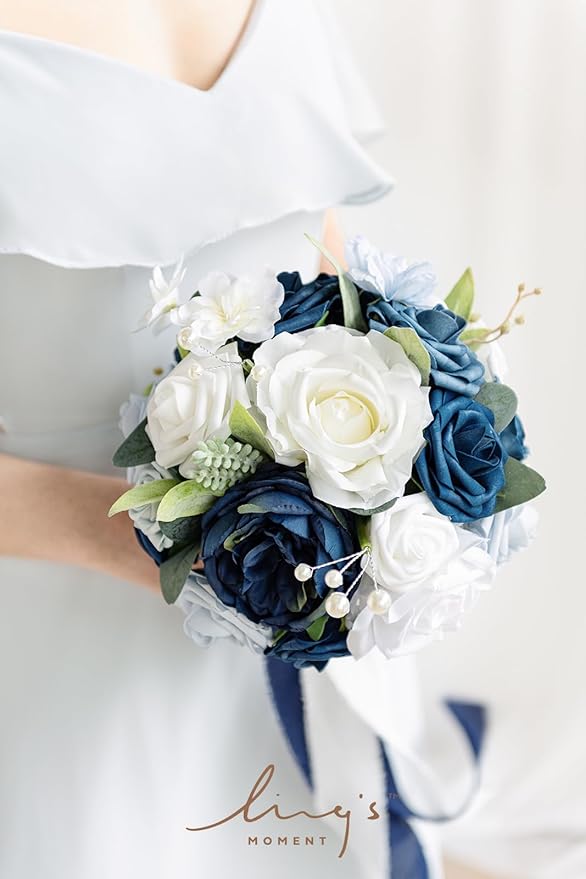 Ling's moment Artificial Flowers Navy Blue Bridesmaid Bouquet, Blue & White Wedding Flowers Bouquets for Bridesmaids, 7 Inch Bridal Bouquets for Bridesmaids, Wedding, Ceremony, Anniversary, etc