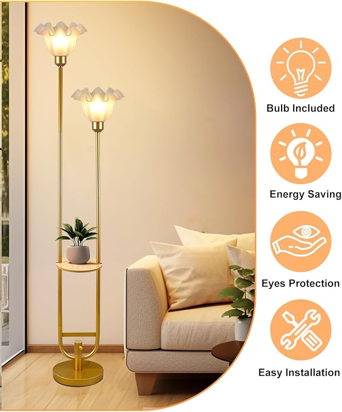 Flower Floor Lamps with Table, 2-Lights Dimmable Floral Floor Lamp, 3000K Warmwhite Modern Floor Lamp, Vintage Gold Standing Lamp with 5Lbs Heavy Base for Living Room Bedroom Girls Room