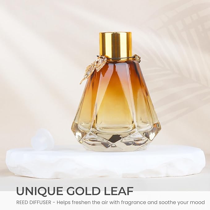 Reed Diffuser Set - 4 Empty Bottles with 20 Sticks, Delicate Gold Leaf Decor, Glass Fragrance Diffuser with Lids for Home, Bathroom | Refillable, Diamond Style (4 PCS Gold)