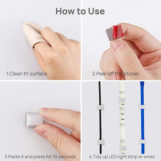 120PCS LED Strip Light Clips, Self-Adhesive Mounting Clips & Mini Cable Clips for 6mm/8mm/10mm Wide Strip Lights, Adhesive Wire Clips Wall Holder for 3528/5050/2835 SMD, Cable Management Solution