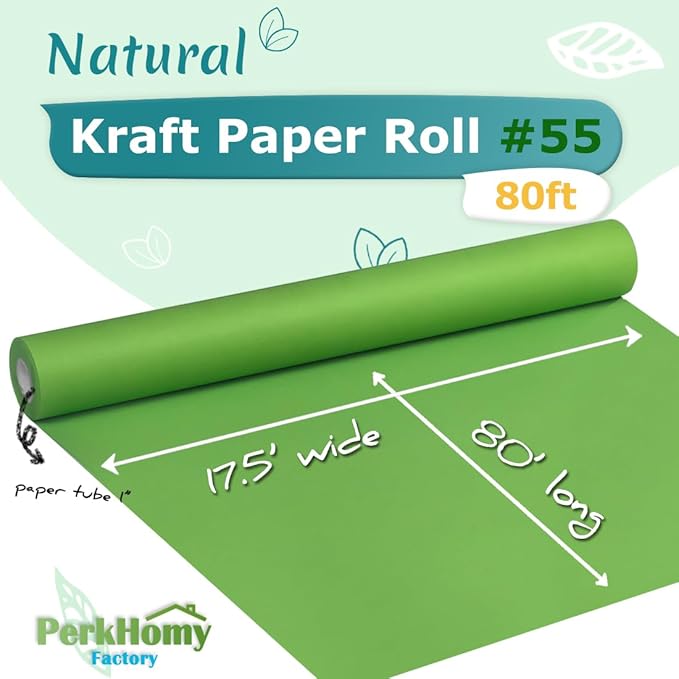 PerkHomy Medium Green Kraft Paper Roll 17.5" x 960" (80') for Gift Wrapping Bouquet Flower Art Painting Craft Writing Packaging Shipping 80GSM 55LB (Medium Green, 17.5" x 80')
