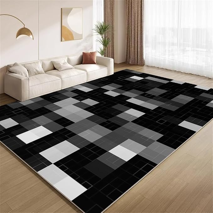 Modern Abstract Area Rugs, Black Gray White Geometry Carpet, Washable Non Slip Low Pile Soft Rug for Living Room Bedroom Decor Mat 5x7ft